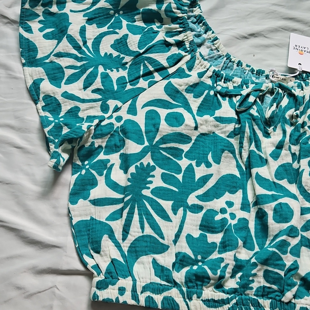 NWT Marine Layer Teal Floral Blouse, Size XL - Picture 6 of 9